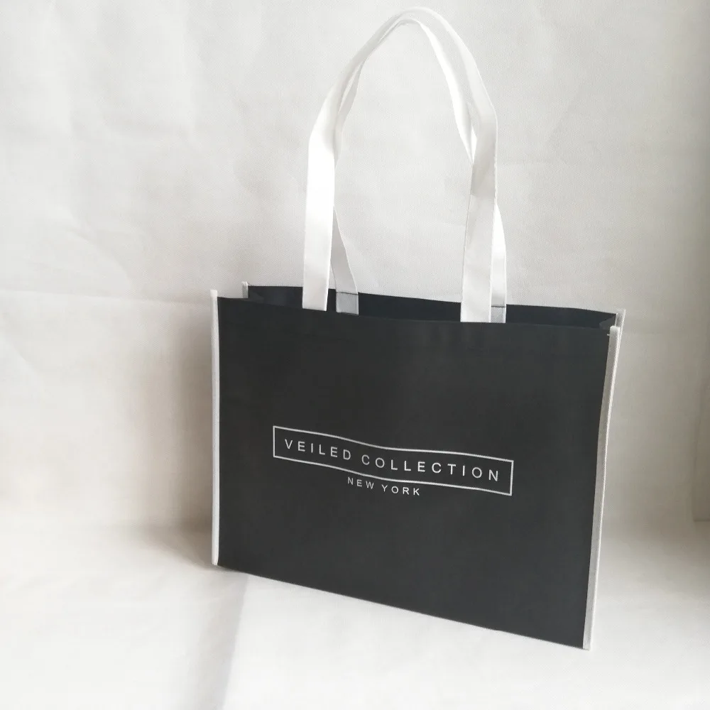 Оптовая продажа 500 шт./лот черная Нетканая Сумка тоут с белой отделкой и ручкой