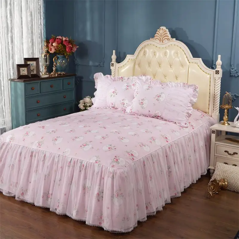 Комплект из 3 предметов, 150X200 см/180x200 см, розовая и синяя кружевная юбка принцессы с оборками и цветочным рисунком, Комплект постельного белья с подходящей наволочкой, Комплект постельного белья - Цвет: Pink