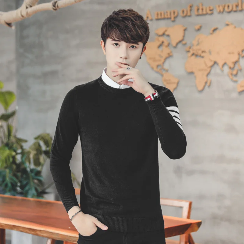 Мужской трикотажный пуловер из натурального хлопка с круглым вырезом и длинным