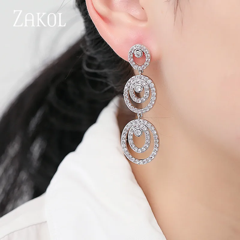 ZAKOL Роскошные 3 шт. круглые Многослойные CZ циркония длинные висячие женские
