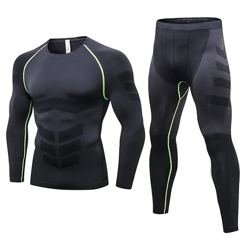 black with green Новинка, комплект из 2 предметов для бега, для фитнеса, компрессионная одежда для спортзала, для мужчин, Qucik, для сухого спорта, тренировочный костюм для бега, эластичная Мужская спортивная одежда - Цвет: black with green