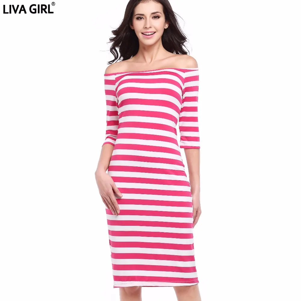 Liva girl 2017 Летние Женщины Dress Полоса половина рукава Slash шеи vestidos Полосатый красный
