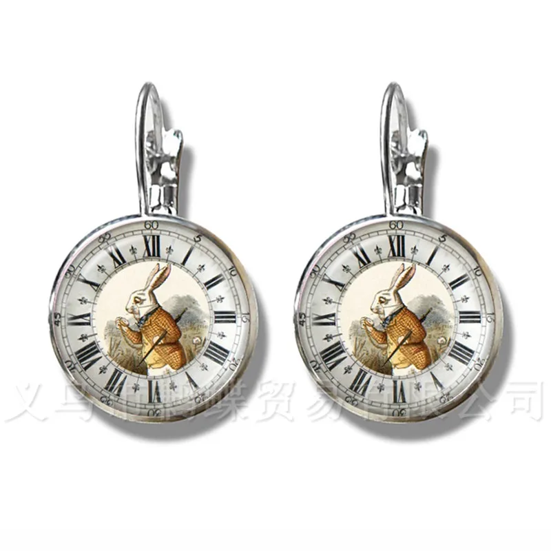 

Alice in Wonderland Earrings Handmade Classic 16mm Glass Cabochon Silver Plated Stud Earrings For Women Gift