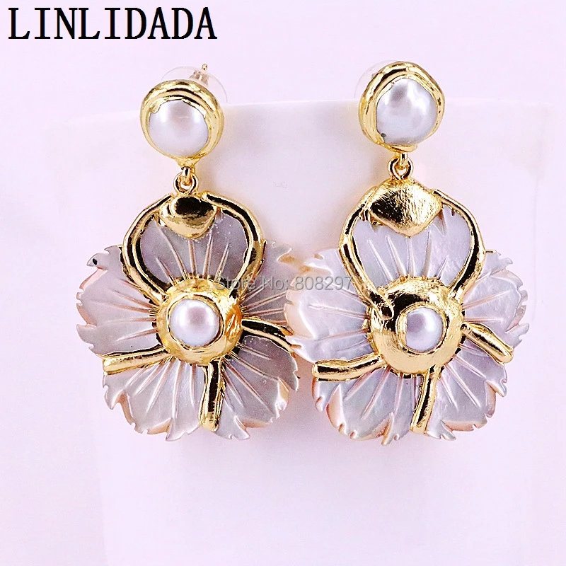 

3Pair Natural Shell carved flower shape earrings with natural pearl dangle earrings Womens Wedding Earrings Gift