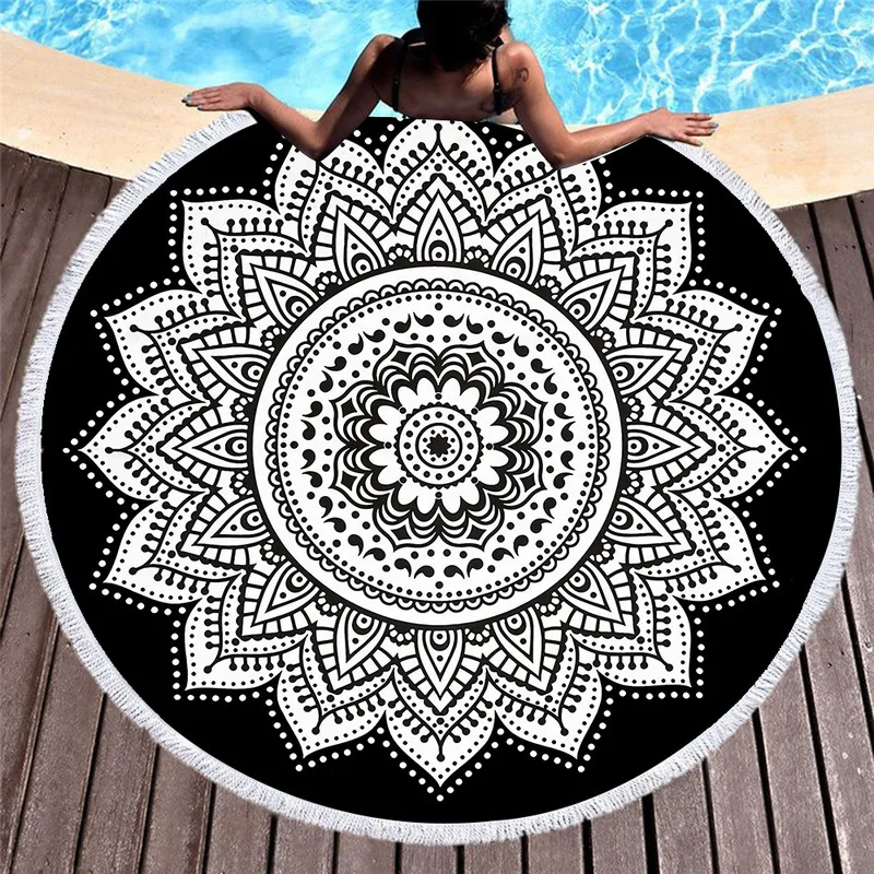 Индийское винтажное пляжное полотенце Мандала с кисточками круглые черные