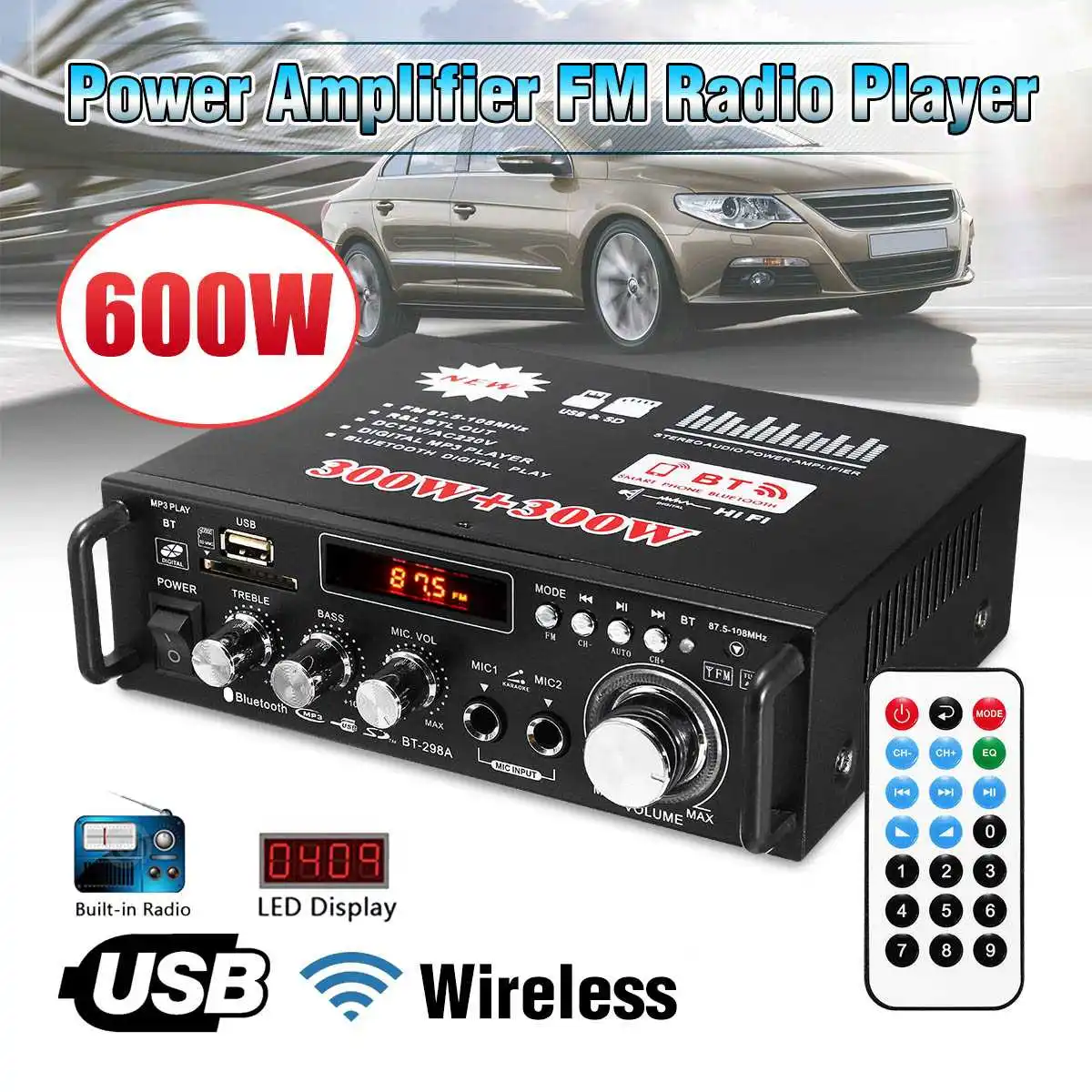 HIFI 2CH автомобильный аудио усилитель мощности 600 Вт стерео сабвуфер бас домашний кинотеатр усилитель Поддержка bluetooth дистанционное управление FM радио
