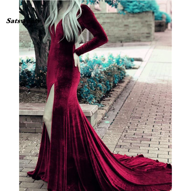 Long Sleeves Velvet Mermaid Prom Dresses V Neck High Split Royal Blue Open Back Sexy Women Elegant Evening Party Gowns | Свадьбы и