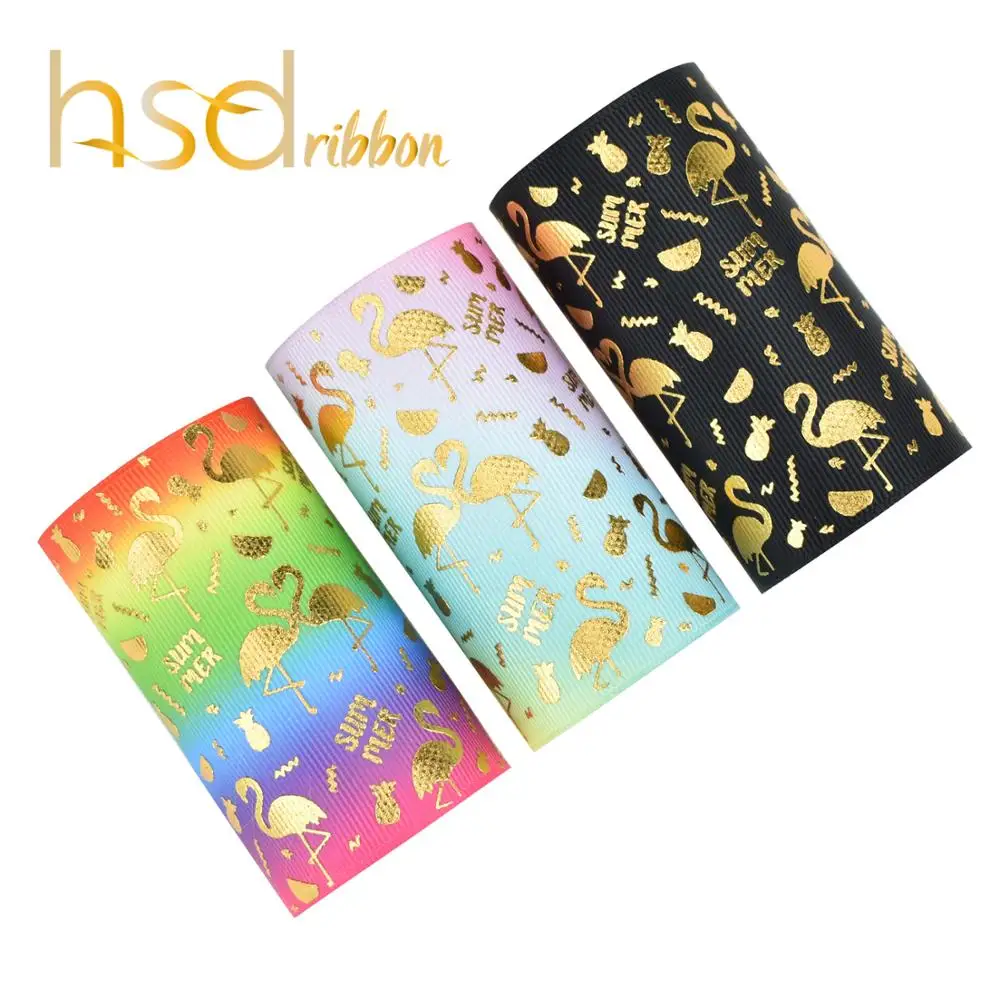 HSDRibbon 3 inch 75mm gold foil custom printed flamingo grosgrain ribbon | Дом и сад