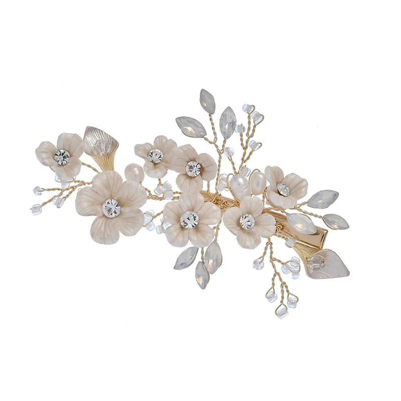 hair clip Роскошный свадебный головной убор керамический цветок заколка для волос Висячие серьги Свадебные аксессуары для волос Набор для волос - Окраска металла: hair clip