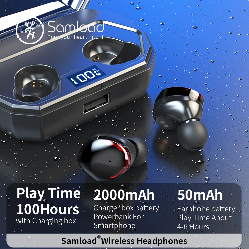 Samload Bluetooth 5,0 наушники настоящие беспроводные стерео Встроенный микрофон в ухо наушник с 2000 мАч зарядная коробка для iOS Android телефон