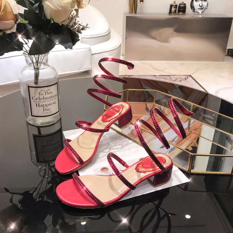 Wine Red Heel 4.5cm Летние женские сандалии модные, пикантные стразы на среднем каблуке с перекрестной шнуровкой вечерние удобные дышащие покупки Женская прогулочная повседневная обувь - Цвет: Wine Red Heel 4.5cm