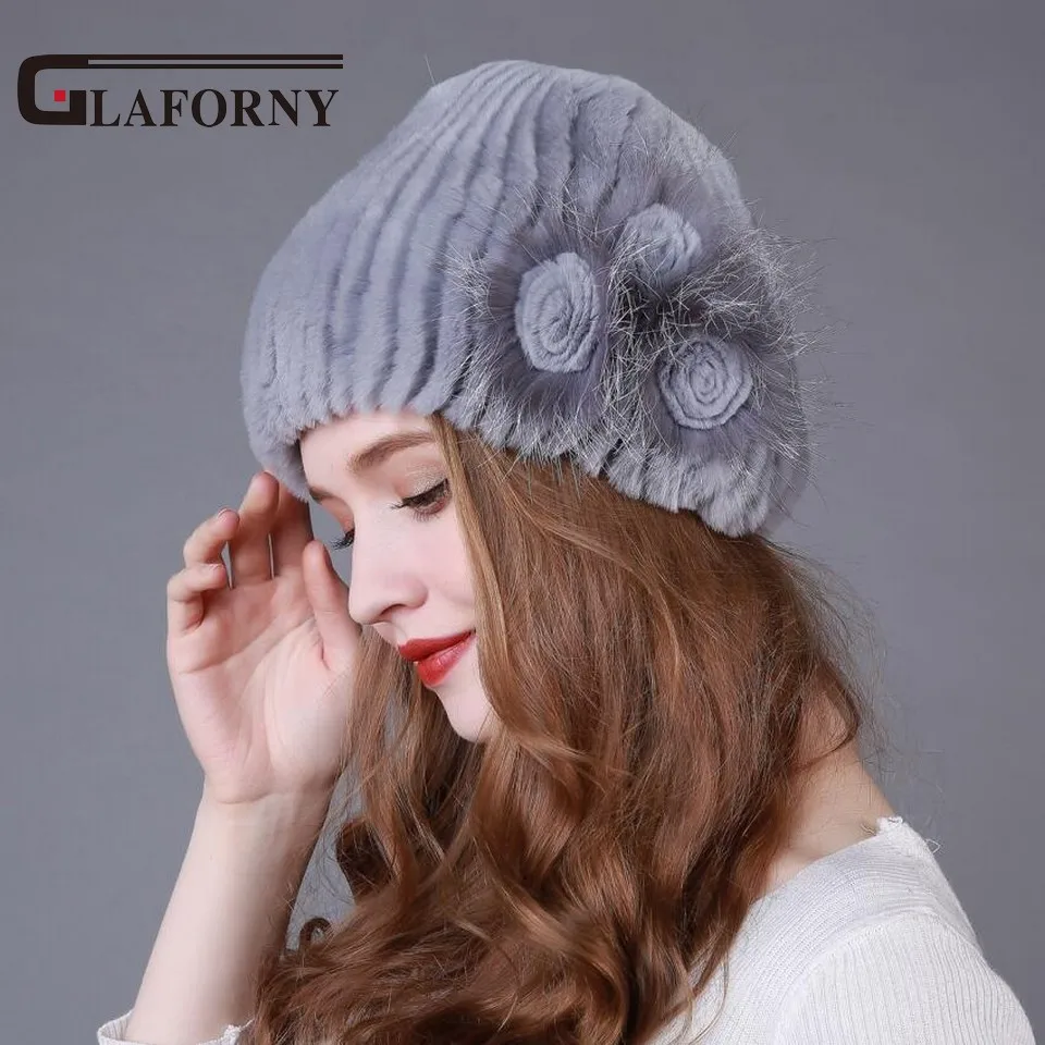 Женская вязаная шапка Glaforny меховая из натурального меха Рекс и кроличьего с