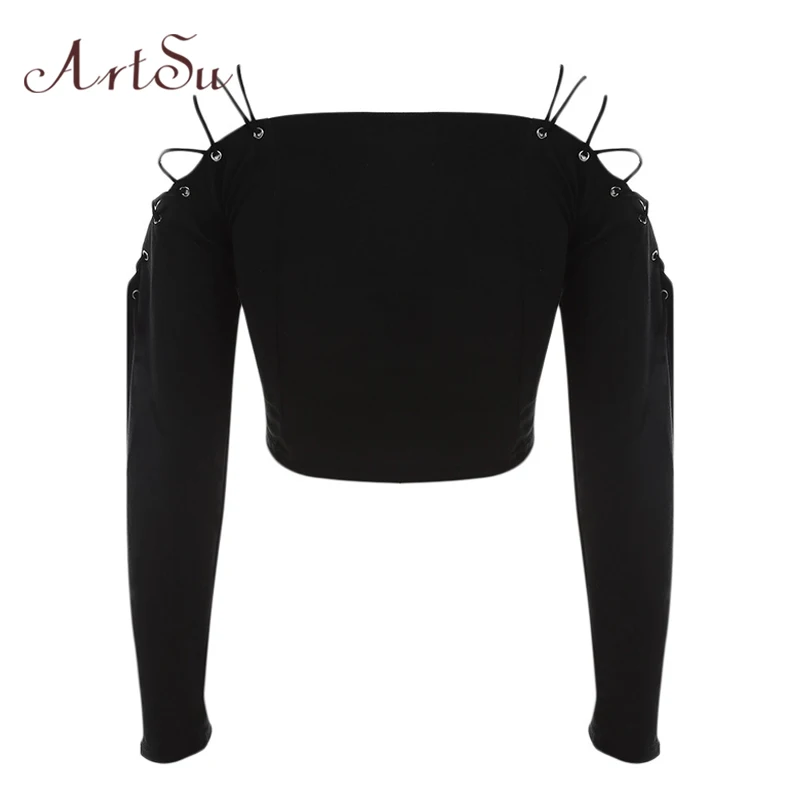 Кроп-Топ женский однотонный на шнуровке с длинным рукавом и воротником-лодочкой |