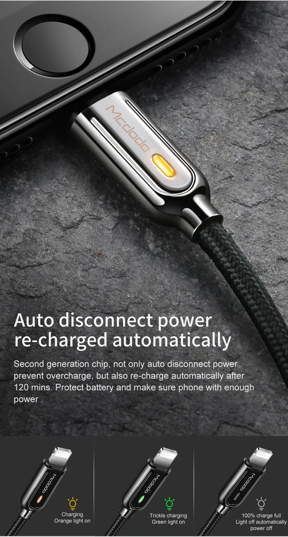 Mcdodo USB зарядный кабель светодиодный 2A для iPhone X XR XS Max 8 7 6s Plus кабель Lightning Быстрая зарядка данных Авто отсоединить кабель