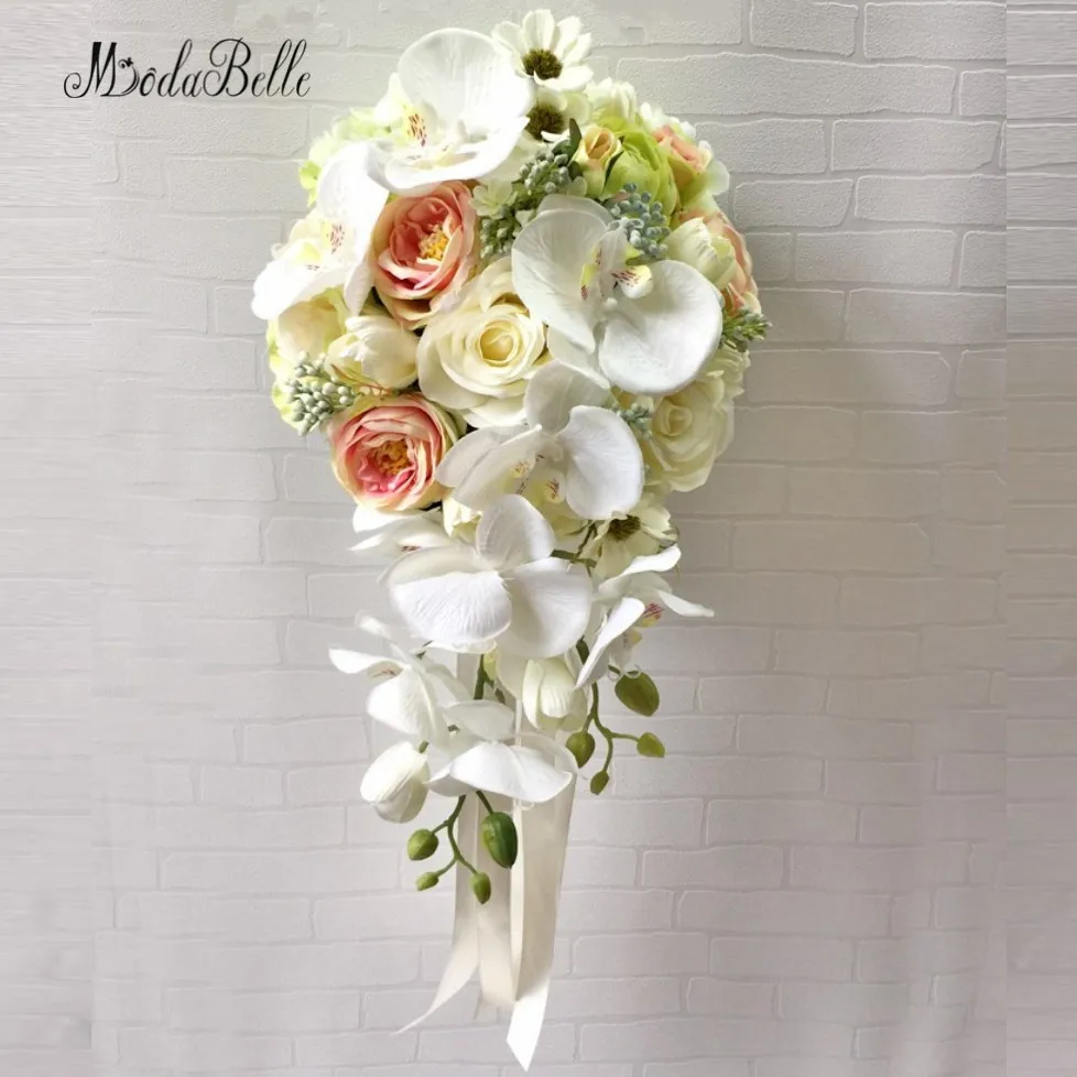 

New Countryside Style Waterfall Bridal Flowers Artificial Orchid Roses Brooch Wedding Bouquets For Brides Ramos De Novia 2017