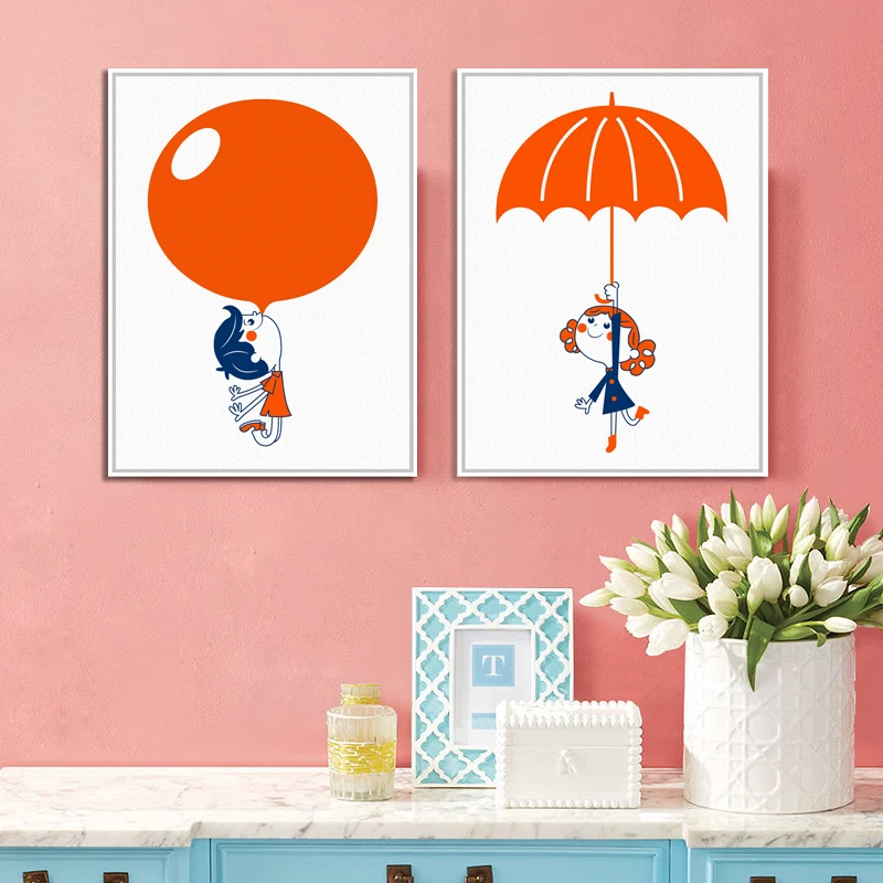 Скандинавский Мультфильм оранжевый шар мальчик и зонтик девушка холст картина