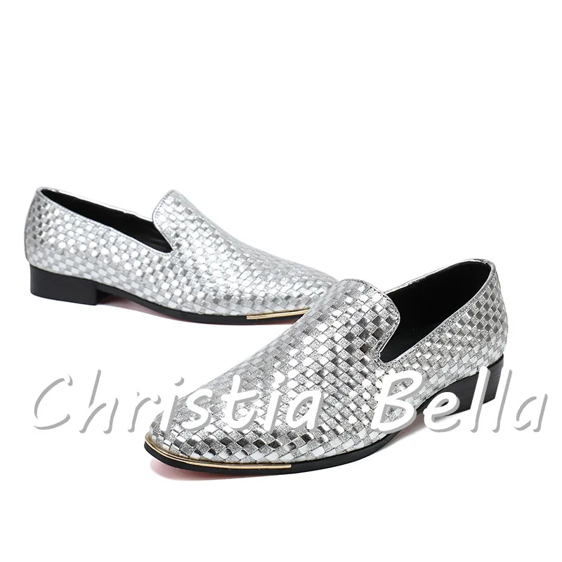 Christia Bella 2018 Fashion Silver Plaid Men Loafers Genuine Leather Party Dress Shoes Slip on Smoking Slippers Flats | Обувь