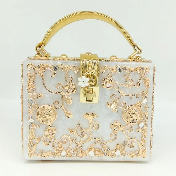 White Handbag Boutique De FGG модная женская черная акриловая сумка через плечо с цветком из кристаллов, сумка через плечо, вечерняя сумка-клатч - Цвет: White Handbag