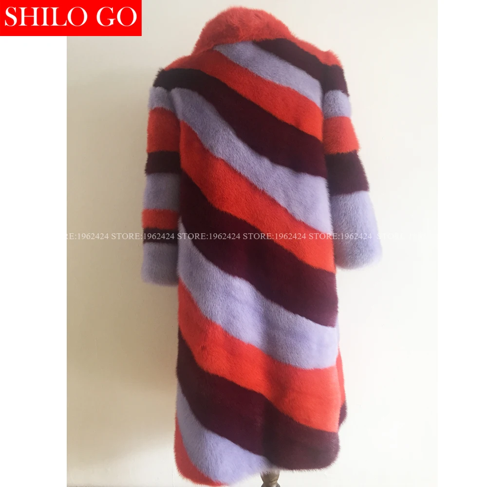 

Plus size Winter new fashion women high quality hit color rainbow striped lapel long section of the whole long fur fur coat