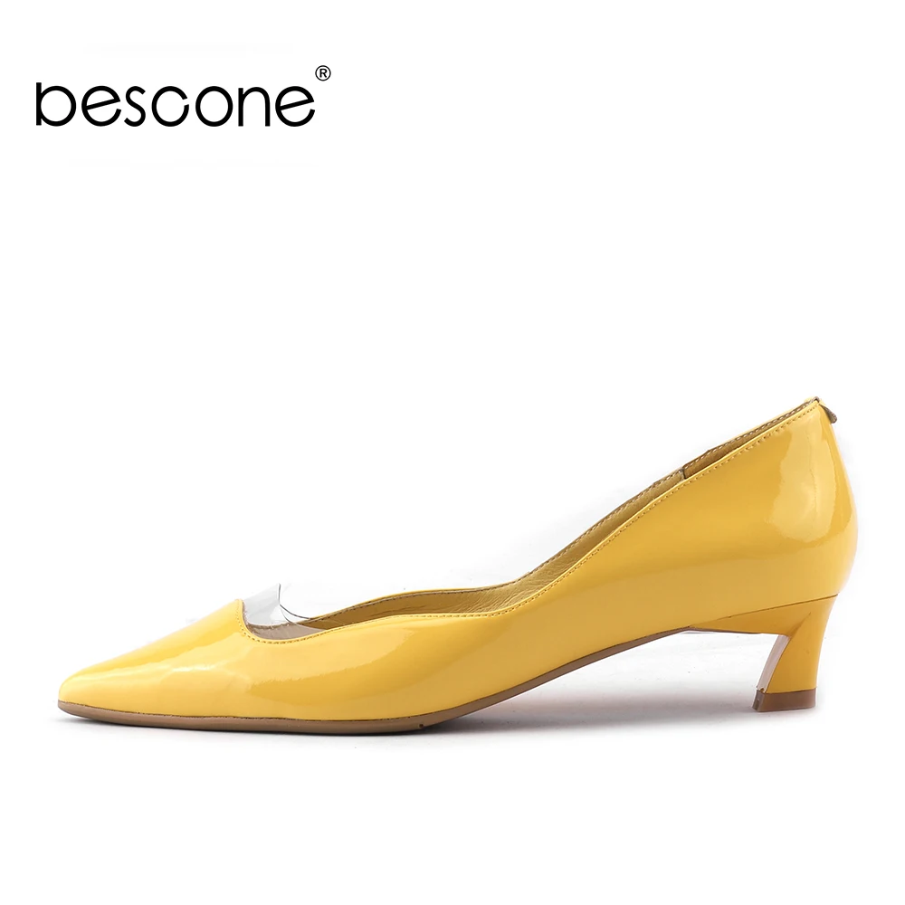 BESCONE/желтые туфли лодочки удобные женские офисные из лакированной кожи на низком