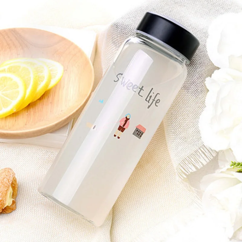 New Cute Glass Transparent Water Bottles Heat resistant Leakproof Proof Sports Drinkware Portable cup with lid | Дом и сад