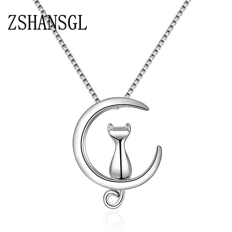 Ожерелье из стерлингового серебра 925 пробы для женщин Луна котенок ожерелья с