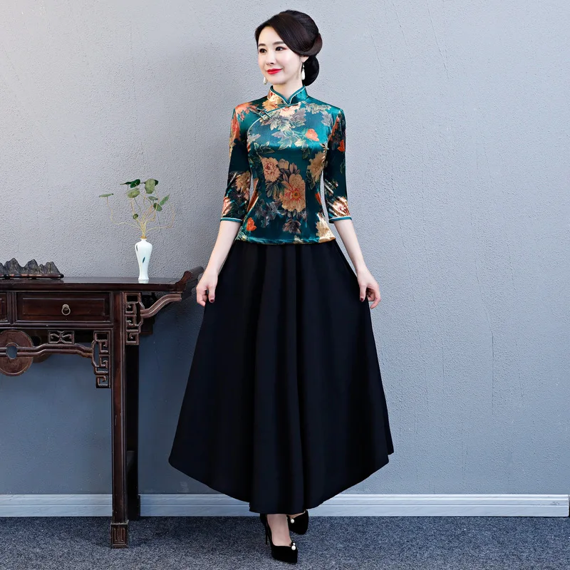 

New Arrival Chinese Tradition Women's Blouse Velour Shirt Tops Print Floral Handmade Button Clothing Plus Size M L XL XXL 3XL 4X