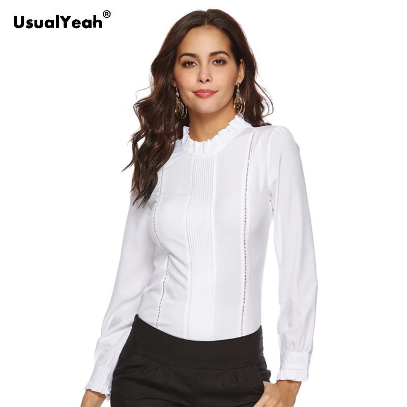 Women Blouse 2020 Frilled Stand Collar Elegant Front Hollow Out Slim Body Shirt Zipper Bodysuit Tops Office White Shirts S - XXL