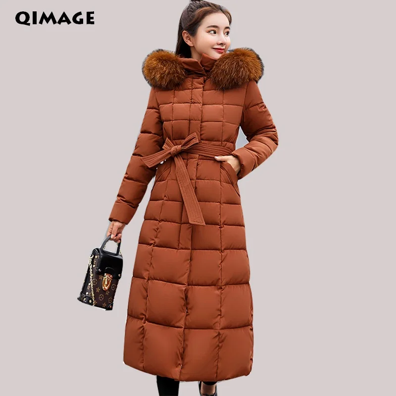 Женские парки QIMAGE 2018 женское длинное зимнее пальто со съемным большим меховым