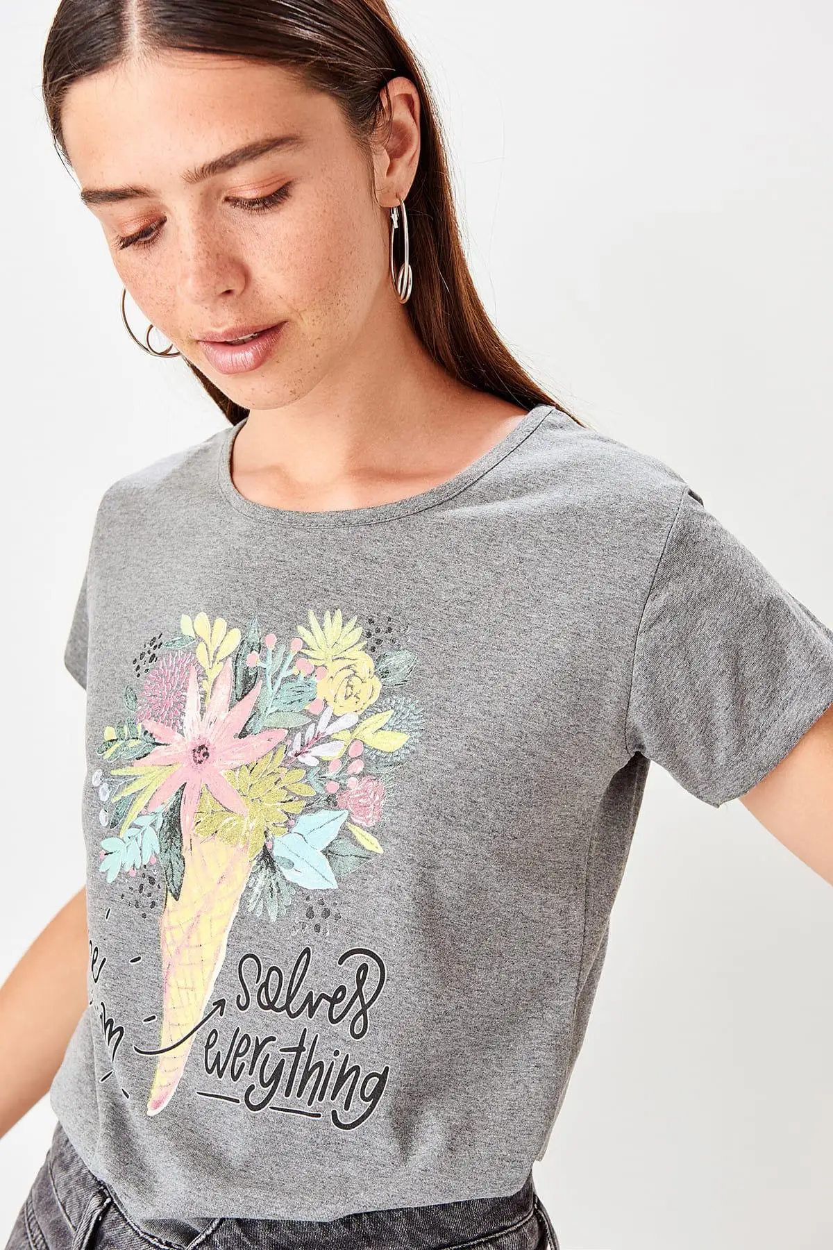 Trendyol Антрацит печатных Базовые Трикотажные футболки TWOSS19TS0545|Футболки| |