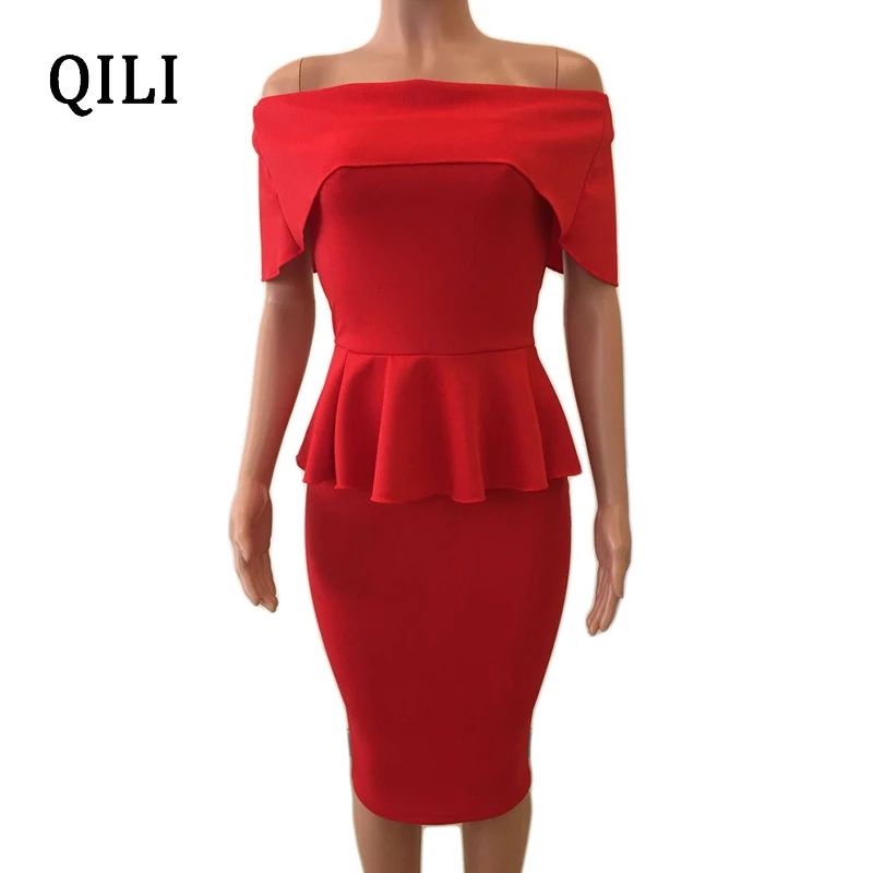 

QILI Sexy Off Shoulder Ruffles Dress White Black Blue Red Pink Butterfly Sleeve Women Pencil Dresses Elegant Lady Bodycon Dress