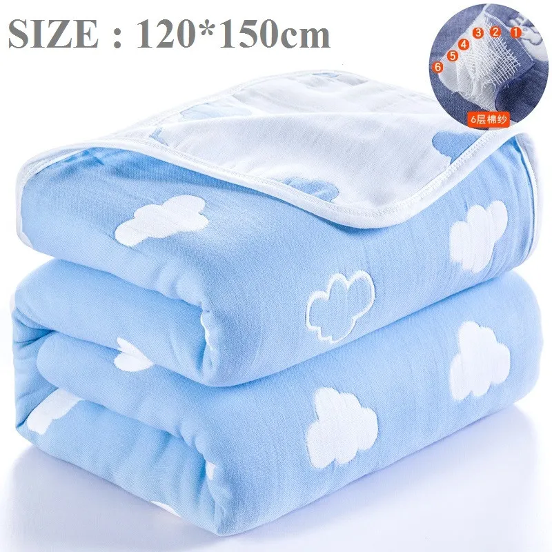 blue cloud 120x150cm Летние Качественный хлопок детское одеяло 6-Слои; плотное детское стеганое одеяло с функцией кондиционирования воздуха пеленание мягкий муслин марлевые одеяла постельные принадлежности - Цвет: blue cloud 120x150cm