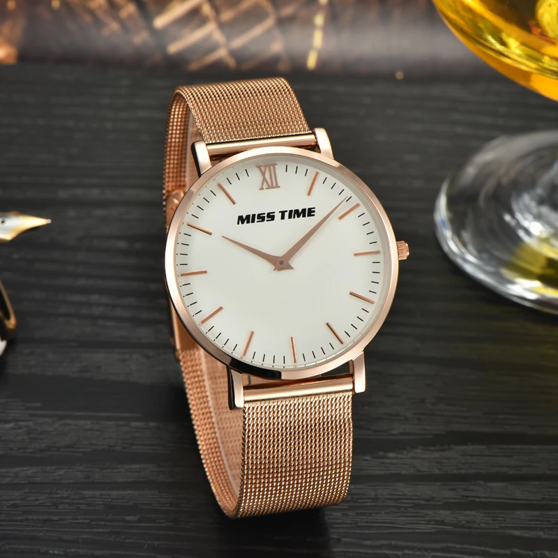 MISSTIME ультра тонкие часы швейцарские кварцевые любовника розовое золото Платье