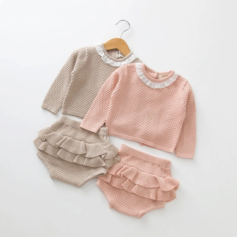 Knitted Baby Clothes For Boys Girls Outfits Newborn Clothing Set Sweater Cardigan + Shorts 2 pcs Ruffle Toddler | Детская одежда и
