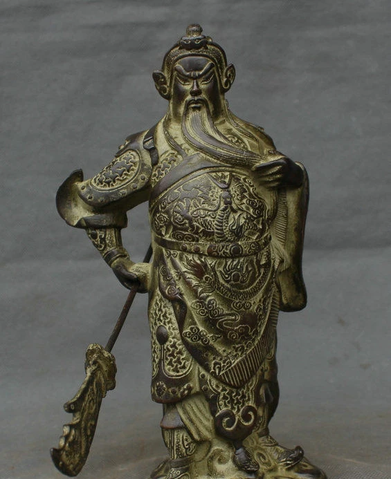 10 &quotКитайский чистый Бронзовый Стенд Guan Gong Yu воин Дракон держать мечи статуя W |