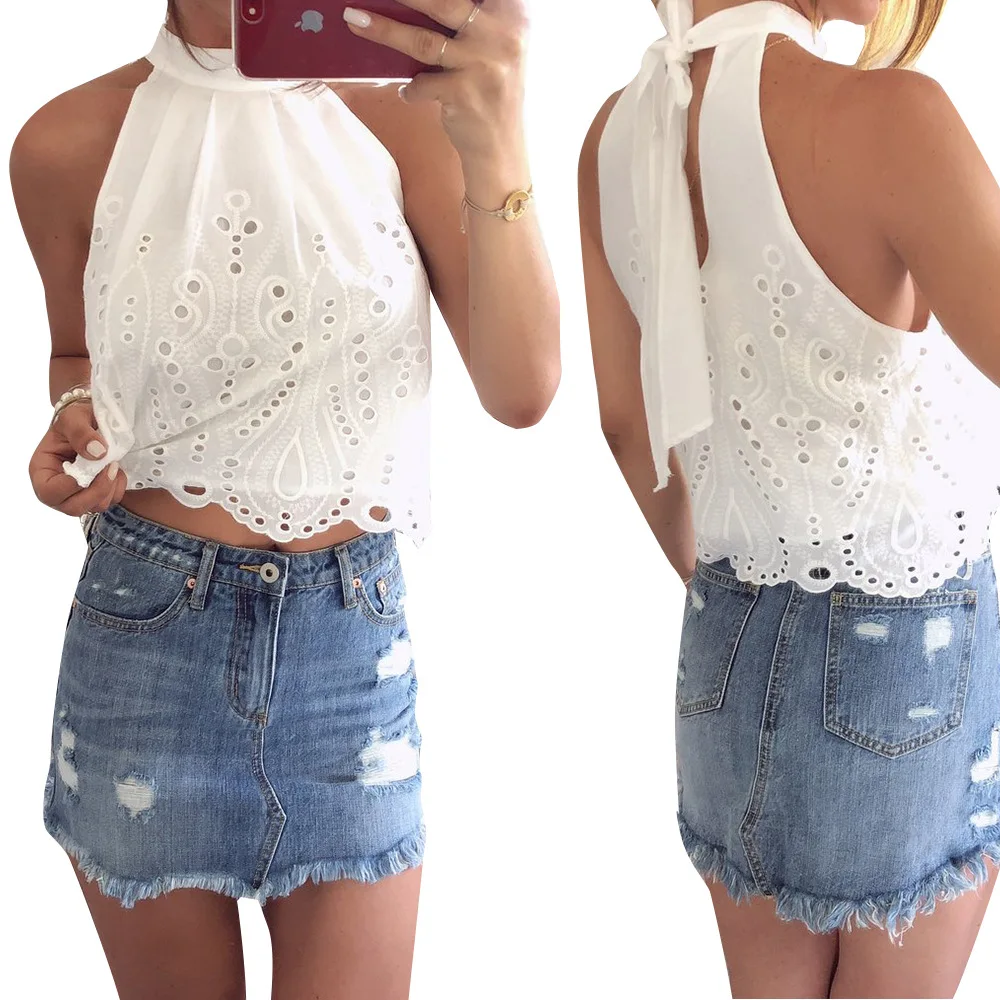 Белые женские топы и блузки с вышивкой летняя укороченная женская рубашка