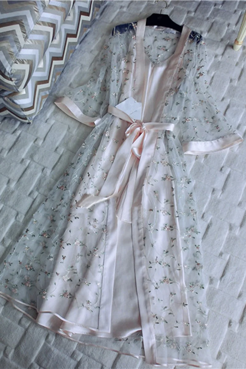 Розовый Новинка, Женская пижама, банный халат, сексуальная розовая ночная рубашка, Цветочная вышивка, 3/4 рукав, длинный халат и платье, наборы, марлевые пижамы, ночное белье - Цвет: Розовый
