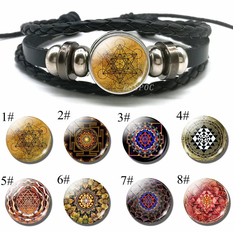 

Buddhist Mandala Braided Tibetan Metatron's Cube Black Leather Woven Button Bracelets Glass Dome Jewelry Women Men Gifts