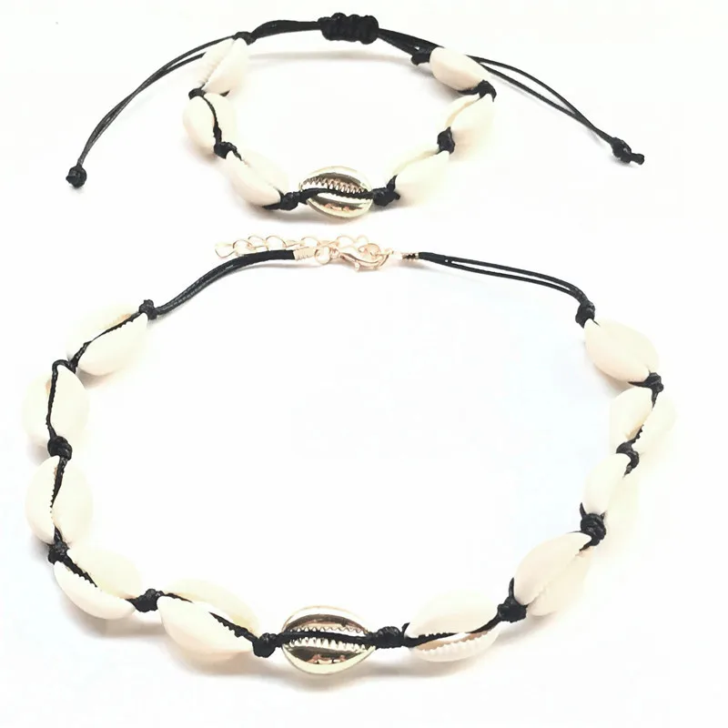 black rope silve set Модное золотое ожерелье-чокер в виде раковины каури для женщин и девушек, богемное пляжное летнее ювелирное изделие в подарок - Окраска металла: black rope silve set
