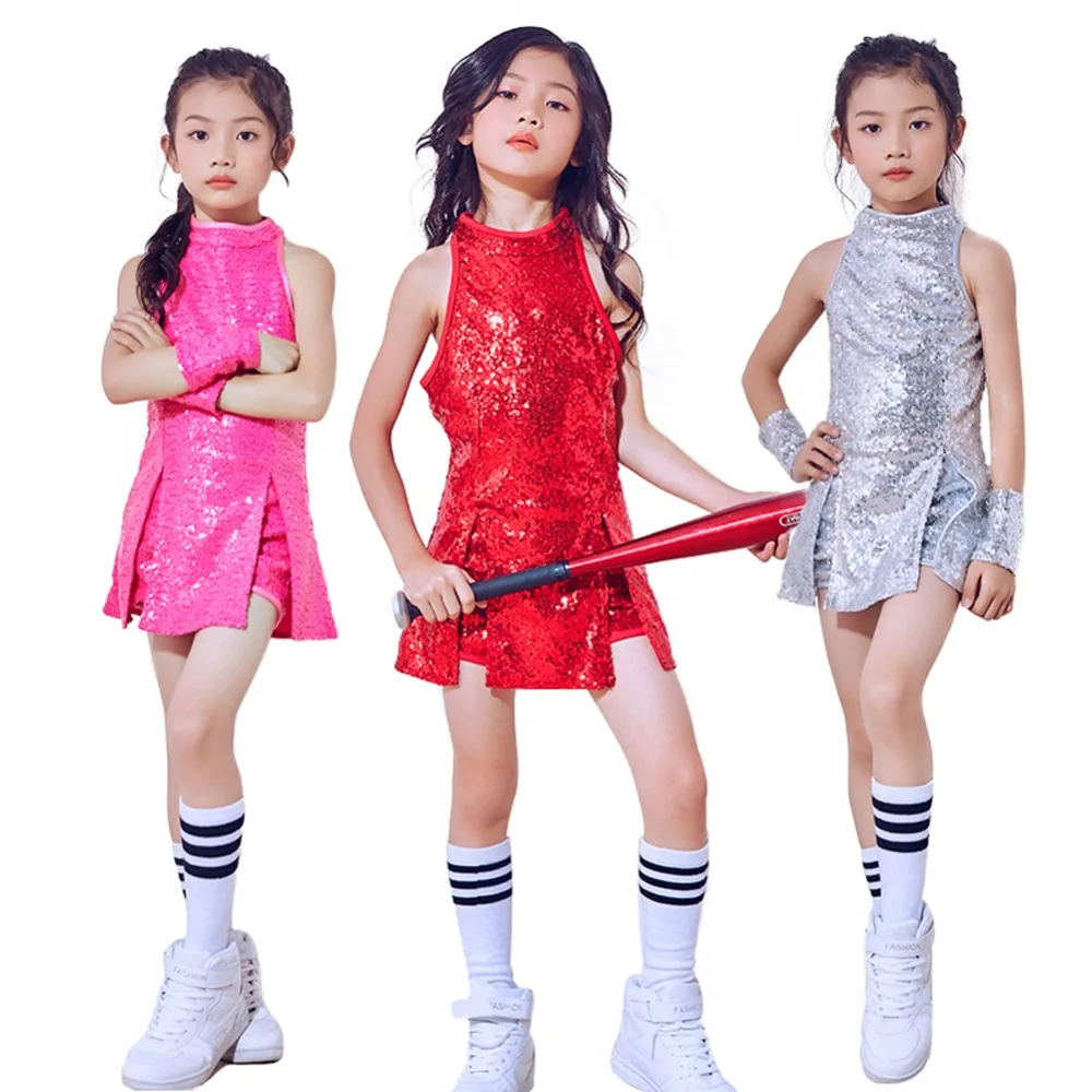 4 PCS Children Girls Sequins Jazz Latin Hiphop Street Dance Dress Costume Ballroom Dancewear Stage Performance Clothing Set | Детская