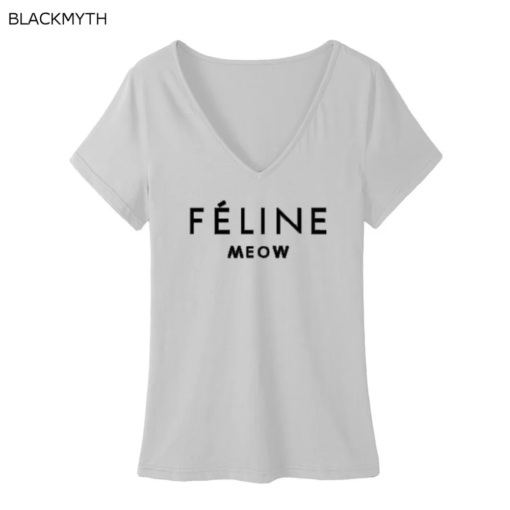 BLACKMYTH FELINE MEOW женская футболка хлопок v образный вырез топы большие размеры летние