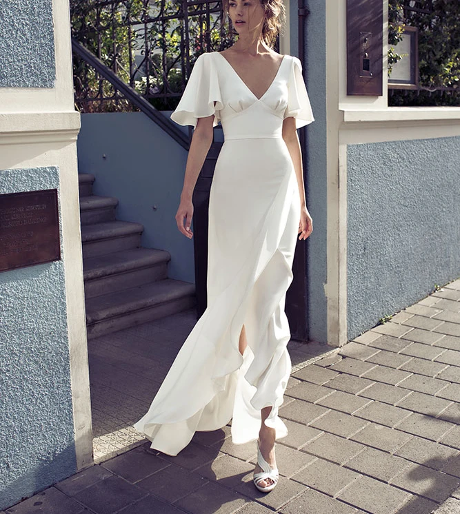 Ensotek с v-образным вырезом пляжные свадебные платья Vestido Noiva Praia простые оборки Casamento Свадебные платья Boho пользовательские Асимметричные