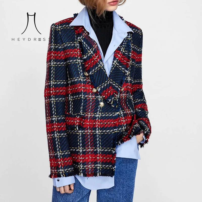 Heydress Винтажный Длинный Рукав твидовый в клетку Женский блейзер карманы бахрома