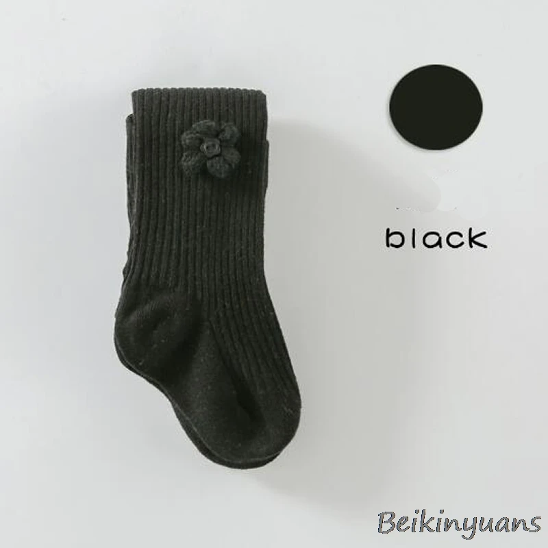 black Новые детские хлопковые двухигольчатые вертикальные полосатые детские колготки на пуговицах с цветочным рисунком - Цвет: black