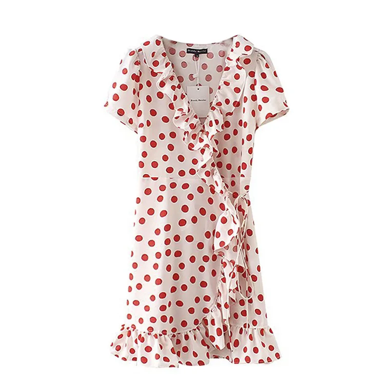2018 летнее винтажное платье с оборками милое Красное Белое Шифоновое в горошек