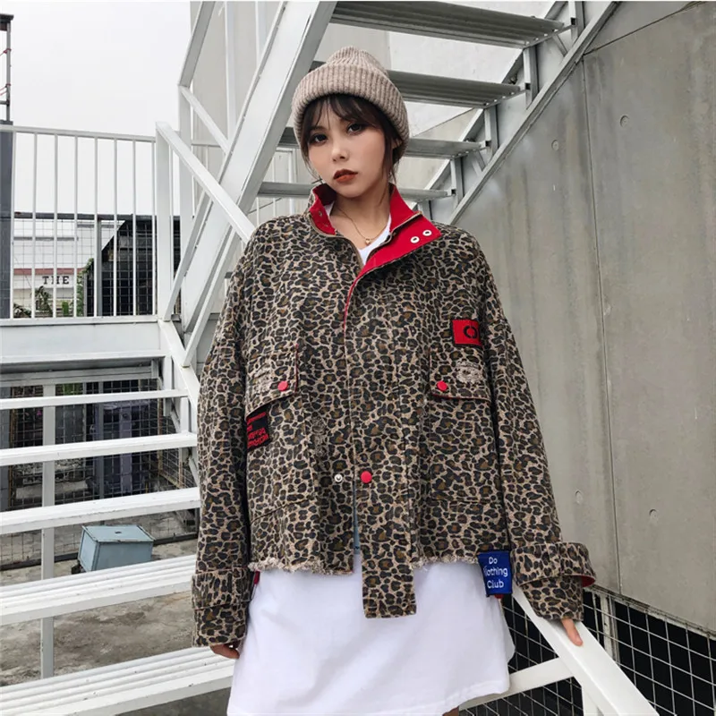 2019 Весенняя новая леопардовая джинсовая куртка женская модная ВИНТАЖНАЯ