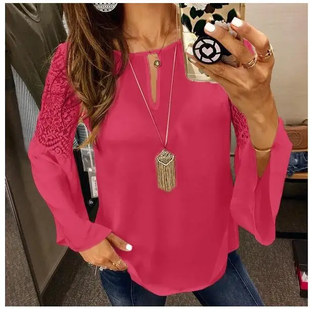 5XL Женские шифоновые блузки кружево лоскутное с расклешенными рукавами Blusas
