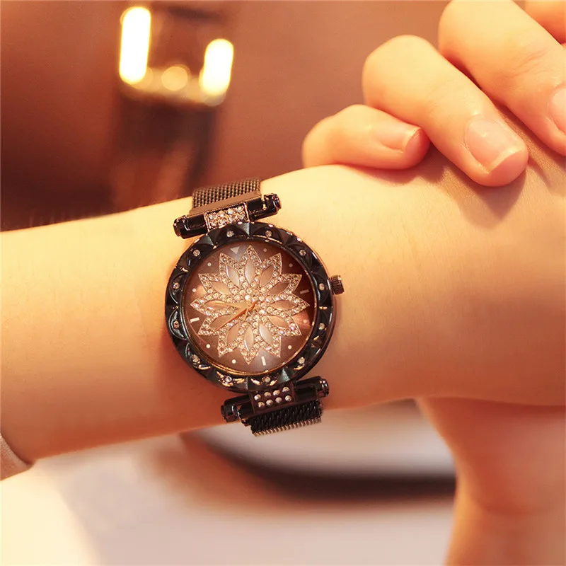 Montre Femme модные часы женские роскошные брендовые цветок из розового золота женские наручные часы для ношения с платьем магнитные сетчатые Стальные часы женские* 533