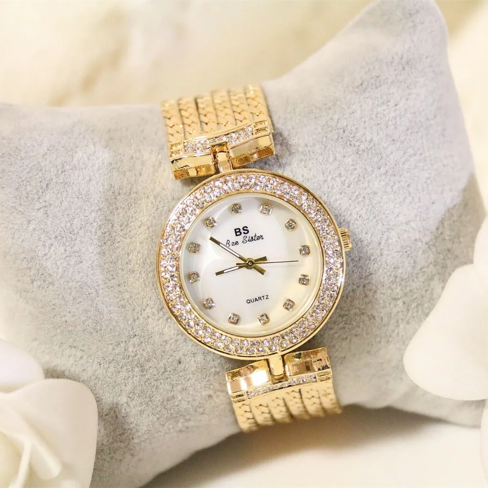Часы наручные BS женские со стразами модные роскошные золотистые с браслетом |
