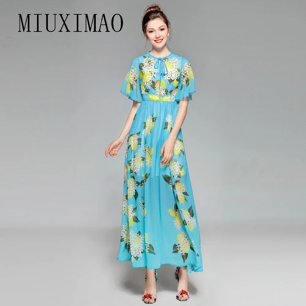 

Europe Fashion 2018 Spring Latest Elegant O-Neck Short Flare Sleeve Chiffon Floral Print A-Line Ankle-Length Long Dress Women
